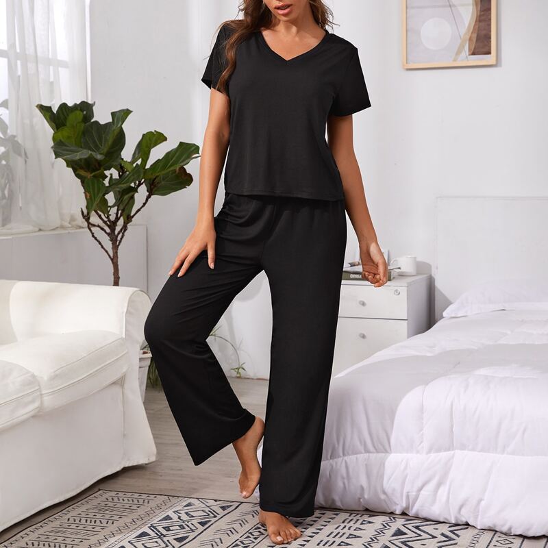 

V-neck Tee & Pants PJ Set, Black