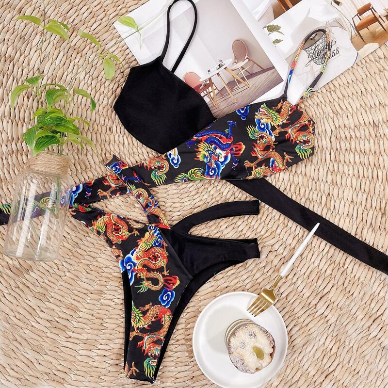 

Dragon Print Wrap Bikini Swimsuit, Multicolor