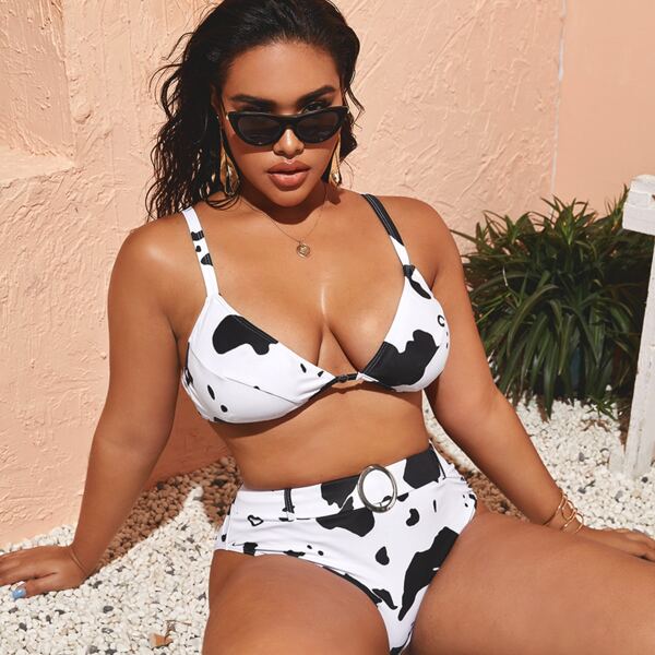 

Plus Cow Print High Waisted Bikini Swimsuit, Black and white