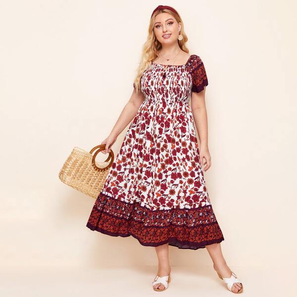 

Plus Shirred Bodice Floral Print Dress, Multicolor