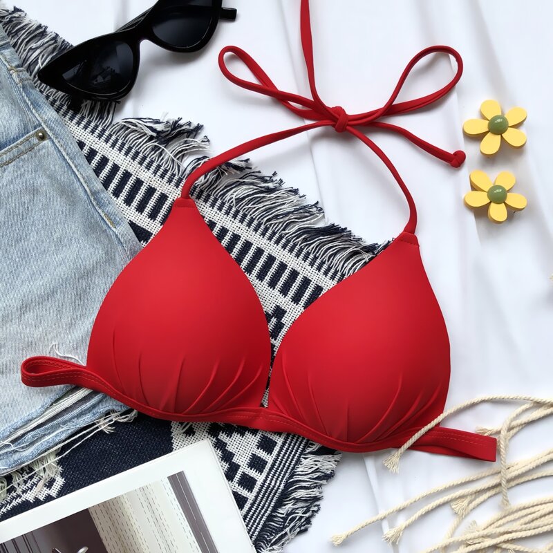 

Triangle Halter Push-Up Bikini Top, Red