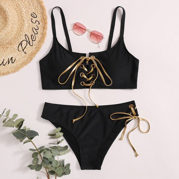 

Plus Lace Up Bikini Swimsuit, Black