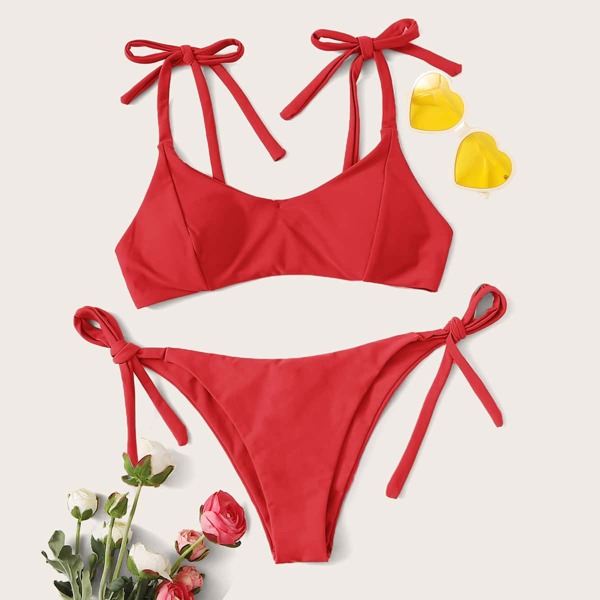 

Tie Shoulder Tie Side Bikini Swimsuit, Red