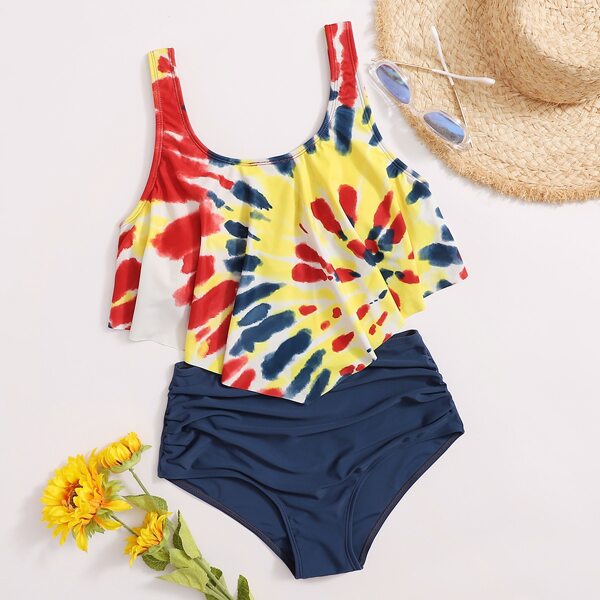 

Tie Dye Hanky Hem Bikini Swimsuit, Multicolor