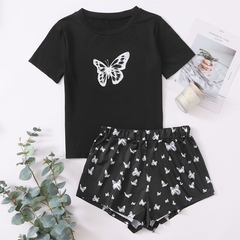 

Butterfly Print Round Neck PJ Set, Black