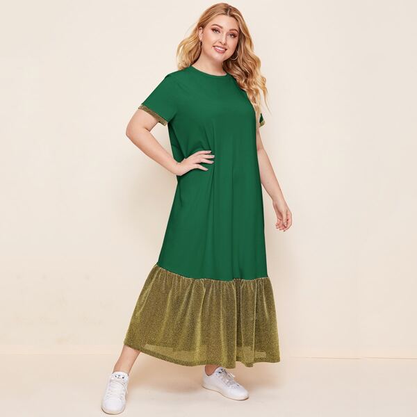 

Plus Colorblock Glitter Flounce Hem Dress, Green