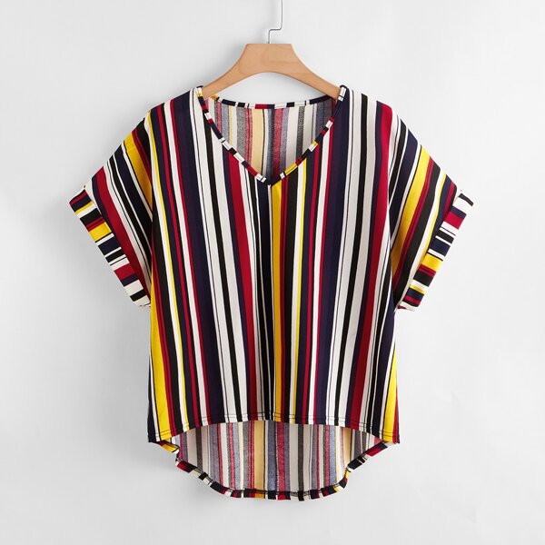 

Plus Striped Rolled Cuff High Low Blouse, Multicolor
