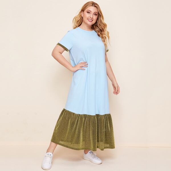 

Plus Colorblock Glitter Flounce Hem Dress, Baby blue