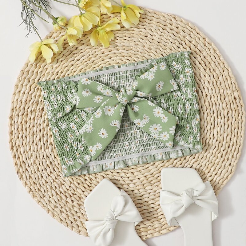 

Daisy Floral Shirred Bow Tube Top, Green