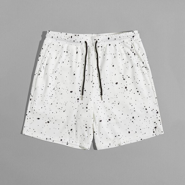 

Men Splash Print Drawstring Waist Shorts, White