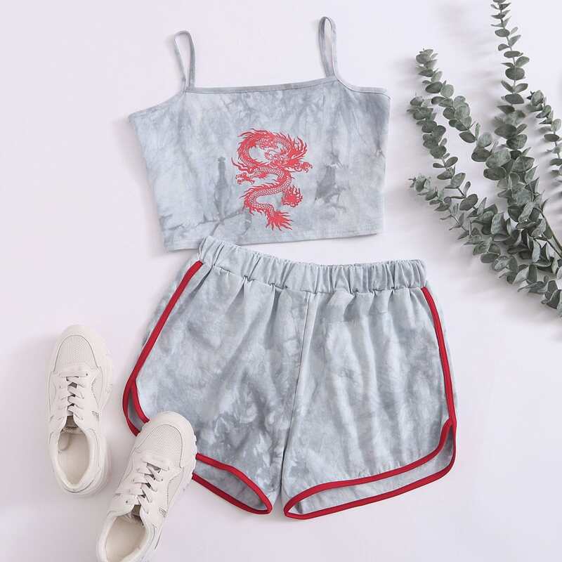 

Dragon Graphic Tie Dye Cami & Dolphin Shorts, Light grey