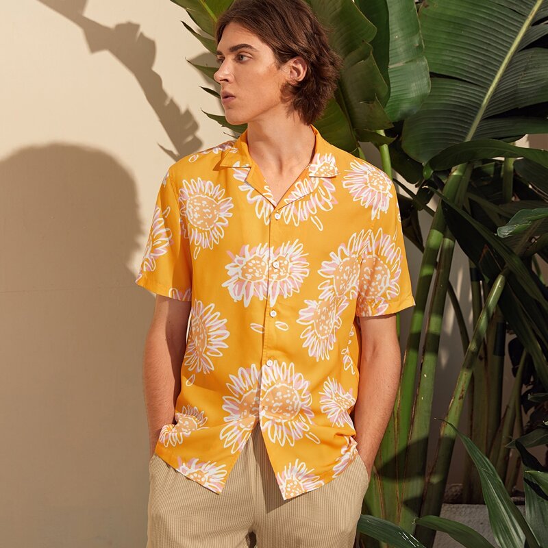 

Guys Sunflower Print Revere Collar Shirt, Mustard yellow
