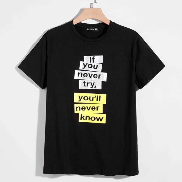 

Men Slogan Print Tee, Black