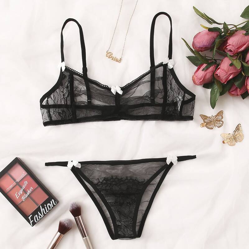 

Floral Lace Lingerie Set, Black