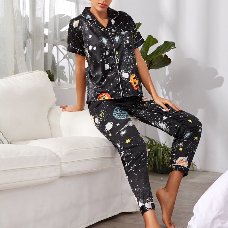 

Contrast Binding Galaxy Print Satin PJ Set, Black