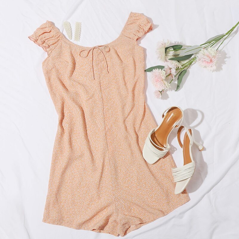 

Tie Neck Frill Trim Ditsy Floral Romper, Apricot