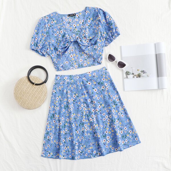 

Tie Front Ditsy Floral Top & Skirt Set, Blue