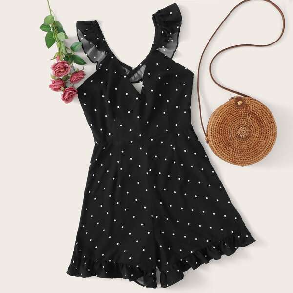 

Polka Dot Ruffle Trim Romper, Black