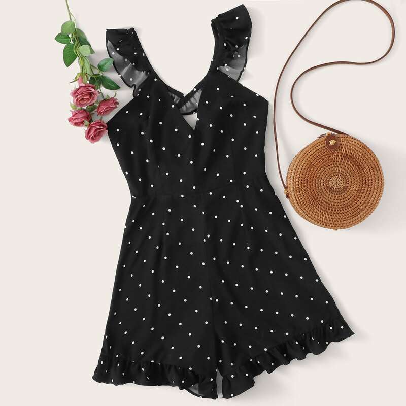 

Polka Dot Ruffle Trim Romper, Black