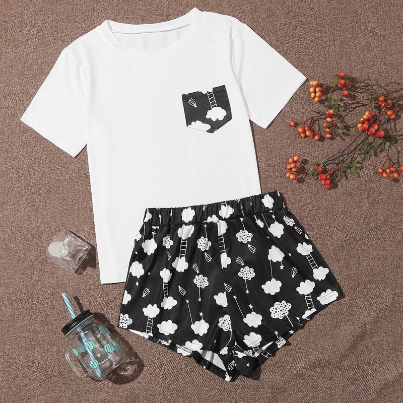 

Cartoon Graphic Pocket PJ Set, Black and white