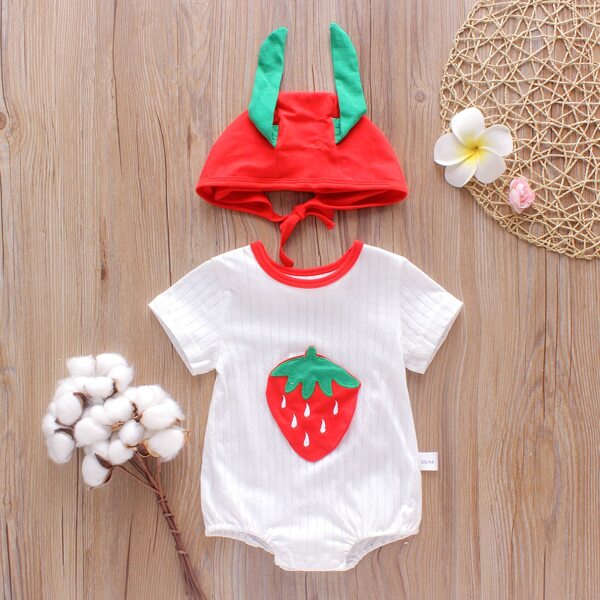 

Baby Girl Strawberry Patched Ringer Bodysuit With Hat, White