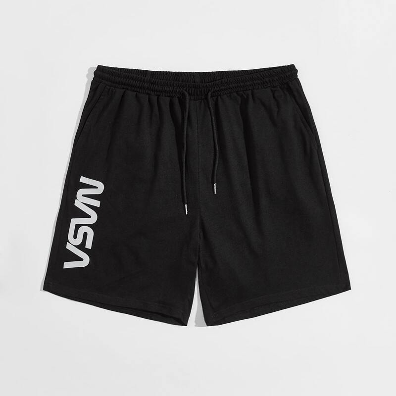 

Men Letter Graphic Drawstring Waist Shorts, Black