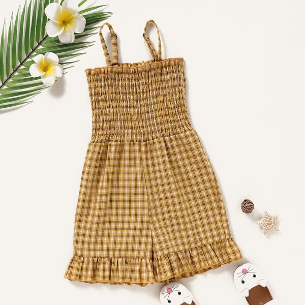 

Toddler Girls Tartan Print Shirred Detail Cami Romper, Mustard yellow