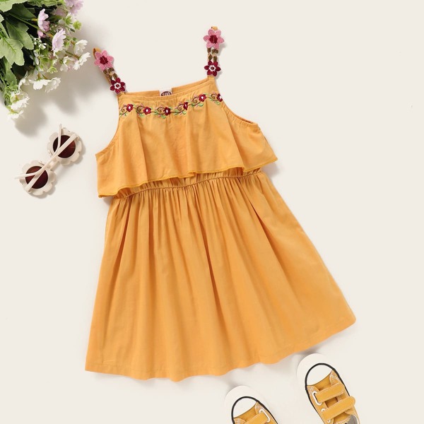 

Toddler Girls Floral Embroidered Applique Cami Dress, Mustard yellow