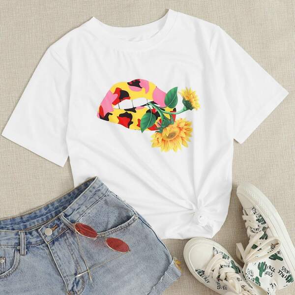 

Plus Lip And Sunflower Print Tee, White