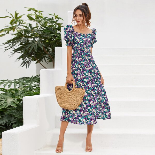 

Allover Floral Shirred Back A-line Dress, Multicolor