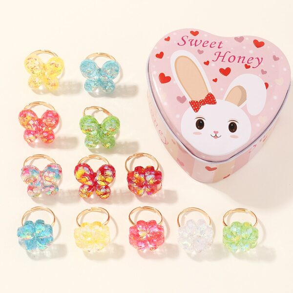 

12pcs Girls Butterfly Decor Ring, Multicolor