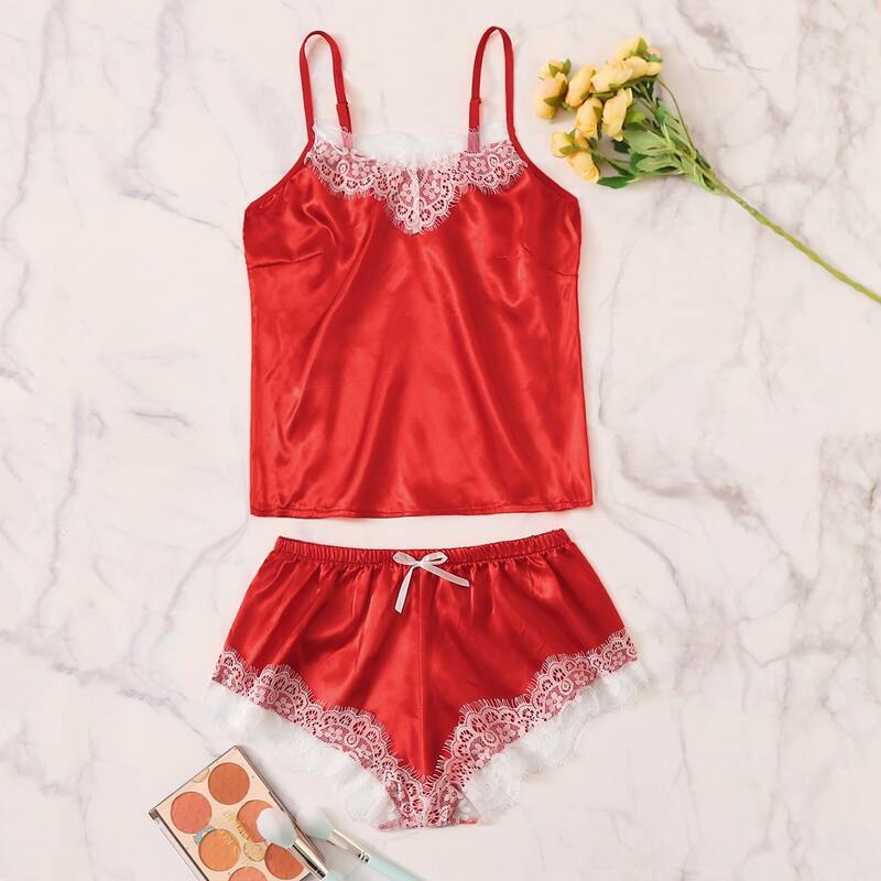 

Lace Trim Satin PJ Set, Red