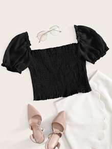 Puff Sleeve Shirred Chiffon Milkmaid Top - Black - View 1