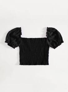 Puff Sleeve Shirred Chiffon Milkmaid Top - Black - View 2