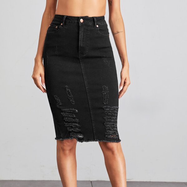

Ripped Slit Raw Hem Pencil Denim Skirt, Black