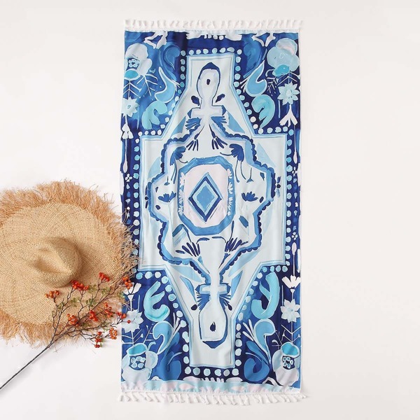 

Tribal Tassel Trim Rectangle Beach Blanket, Blue
