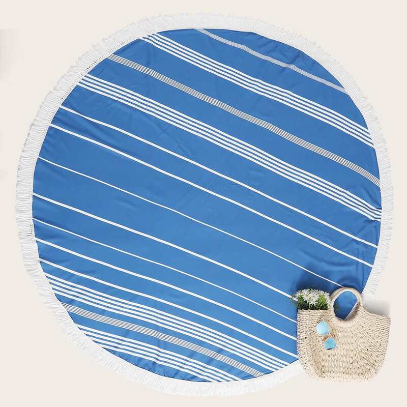 

Stripe Print Fringe Hem Round Beach Blanket, Blue