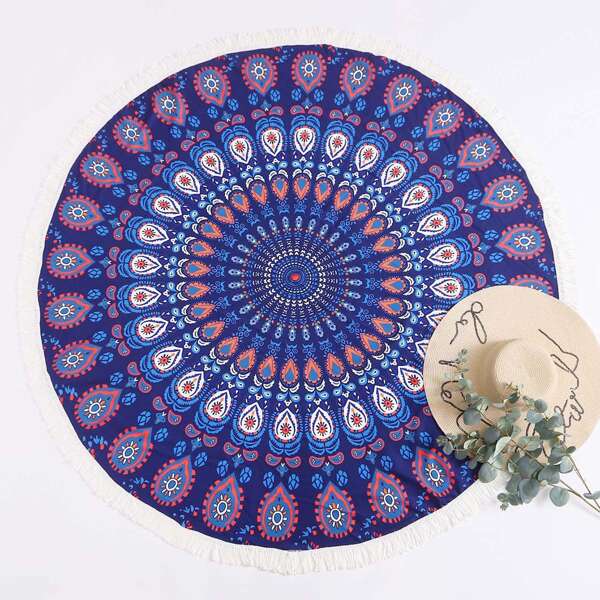 

Tribal Fringe Trim Round Beach Blanket, Multicolor