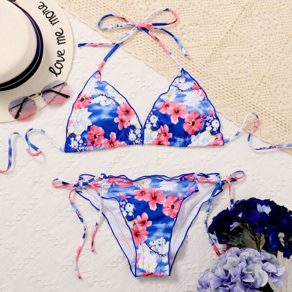 

Floral Triangle Halter Tie Side Bikini Swimsuit, Multicolor
