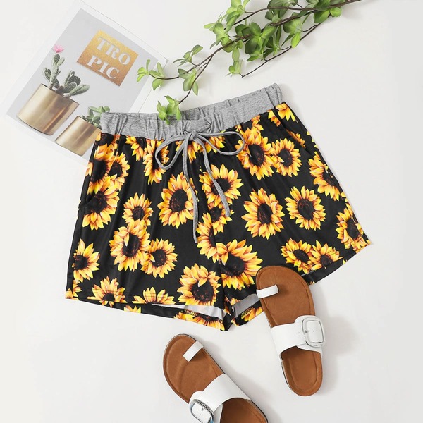 

Plus Sunflower Print Drawstring Shorts, Black