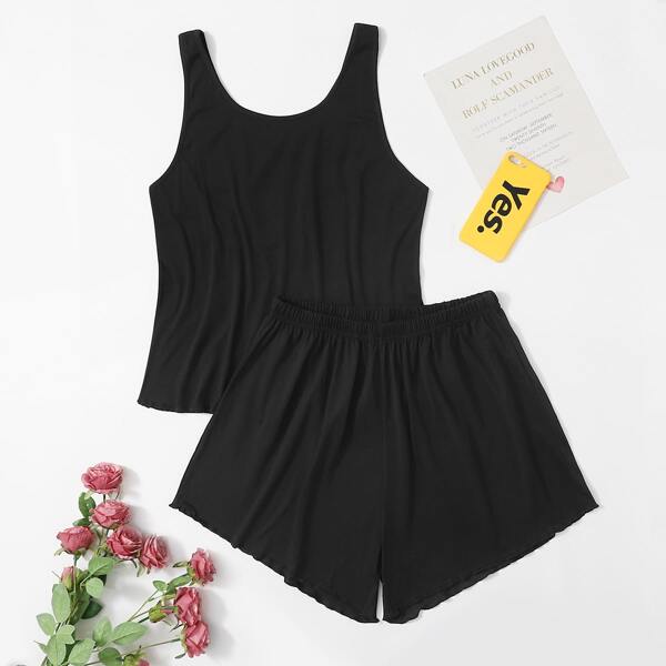 

Plus Solid Lettuce Trim Pajama Set, Black