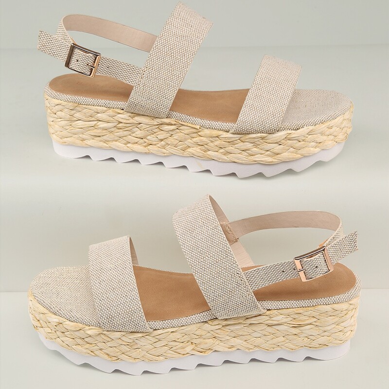 

Linen Double Band Slingback Flatform Sandals, Apricot