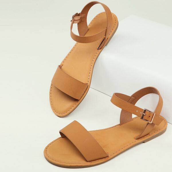 

One Band Ankle Strap Flat Sandals, Brown
