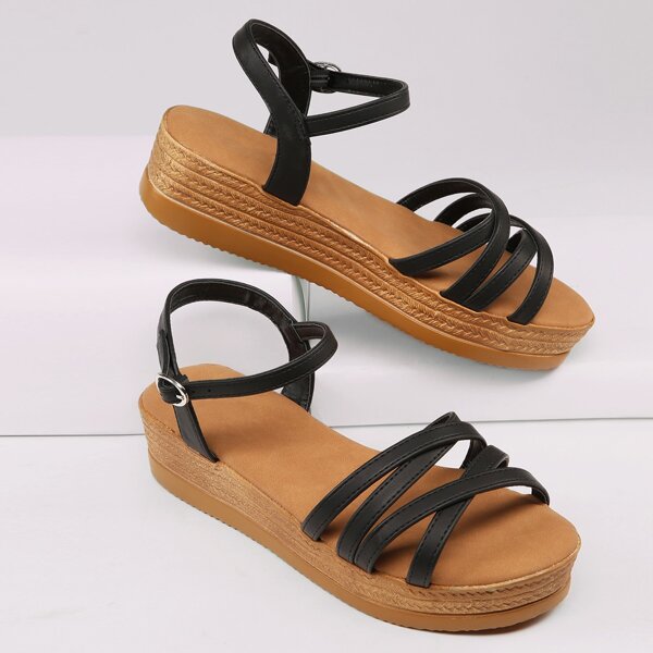 

Strappy Open Toe Buckled Ankle Platform Sandals, Black