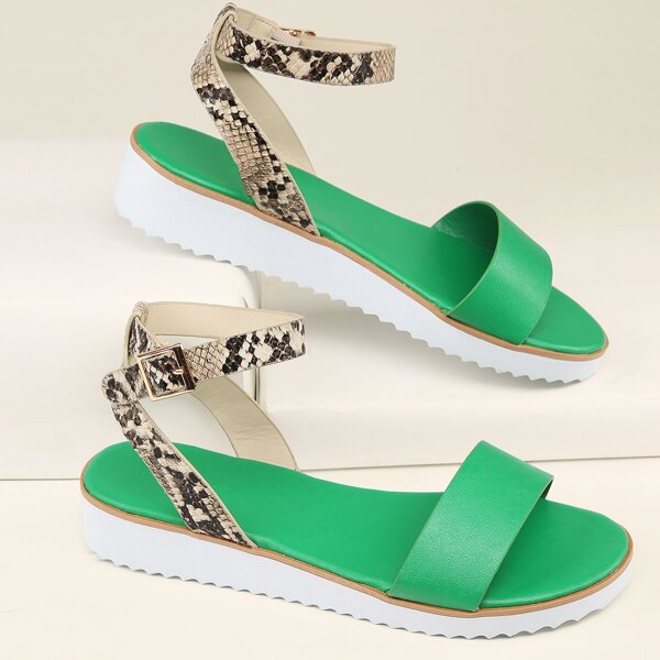 

Single Band Buckled Ankle Flatform Sandals, Green