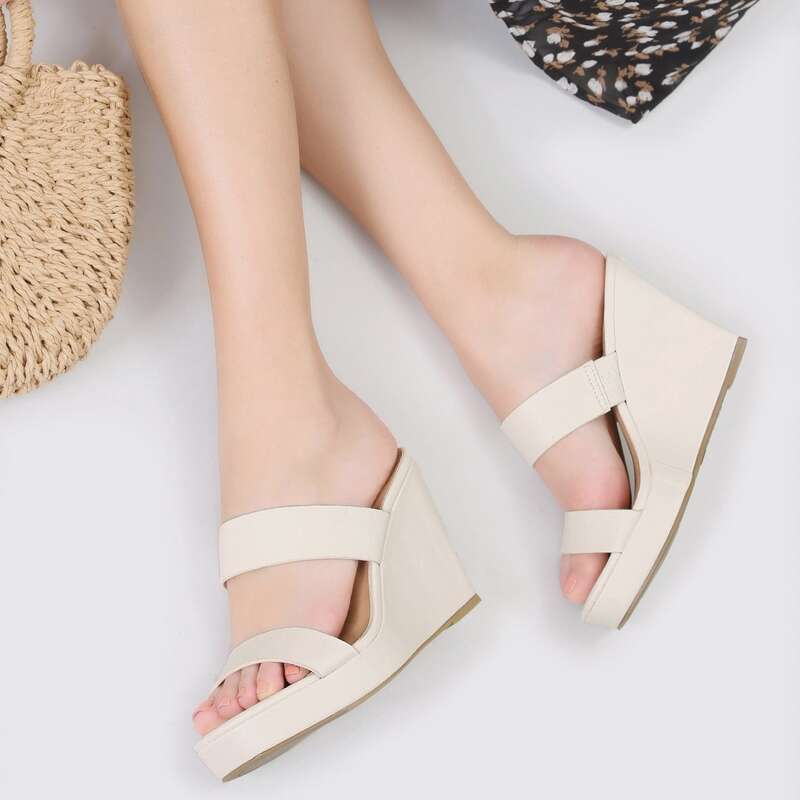

Double Band Open Toe Platform Wedge Sandals, Beige