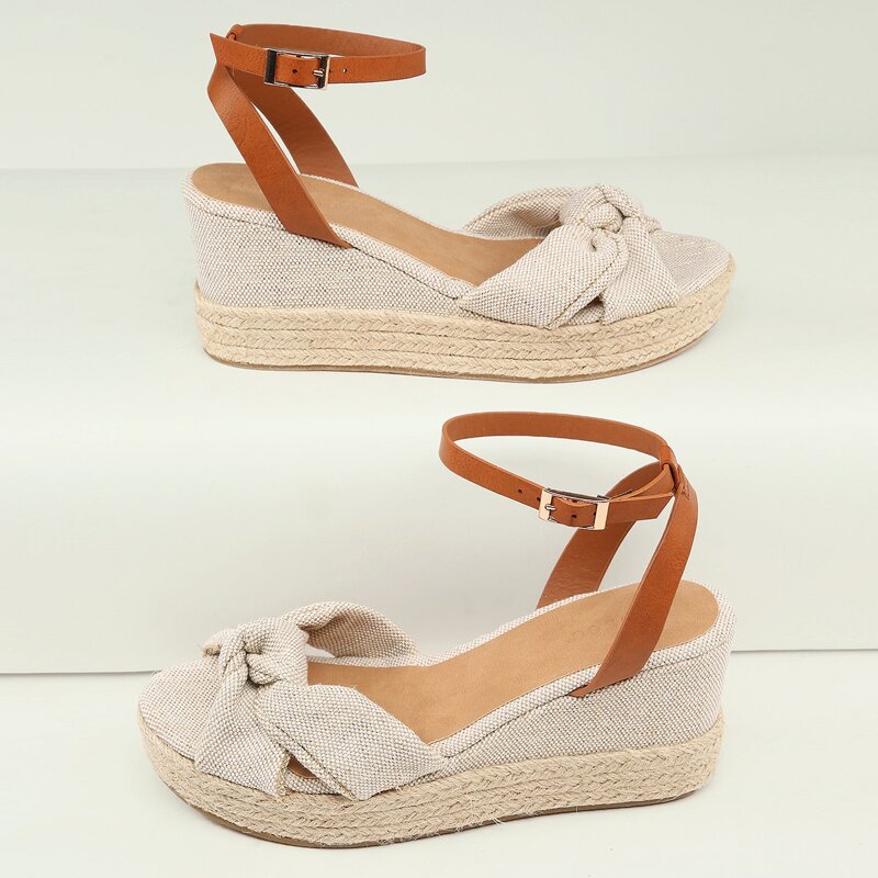 

Canvas Twist Open Toe Buckled Ankle Wedges, Beige
