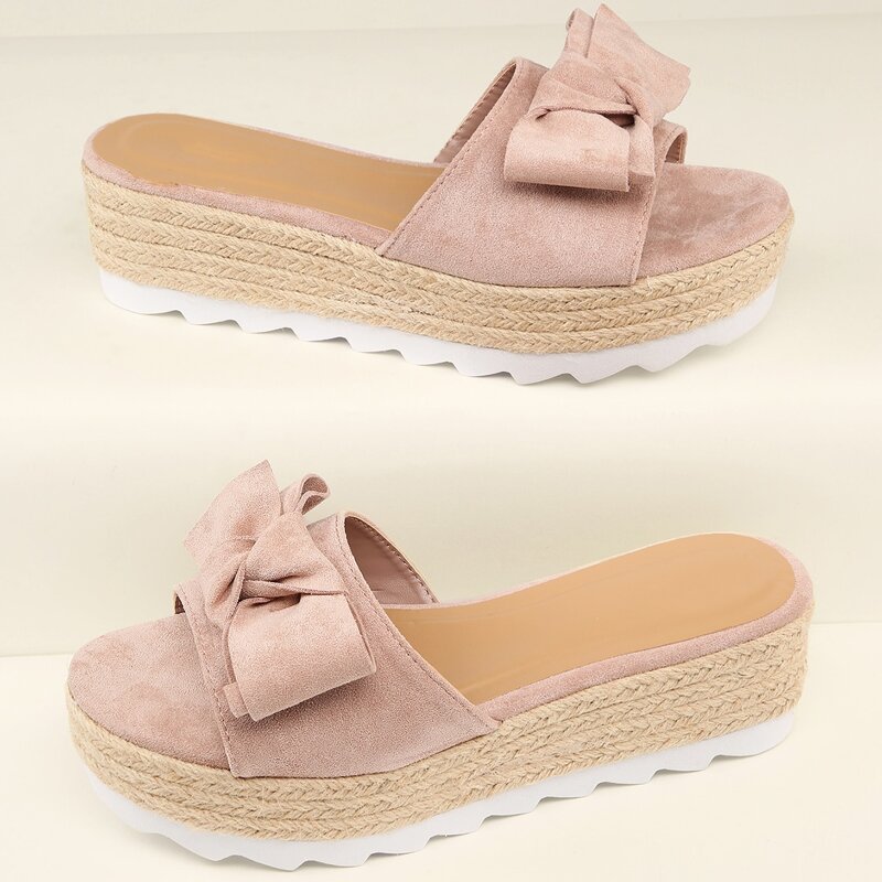 

Open Toe Bow Accent Platform Wedges, Dusty pink