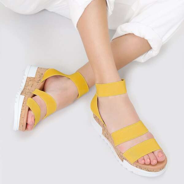 

Stretchy Strappy Open Toe Flatform Sandals, Yellow