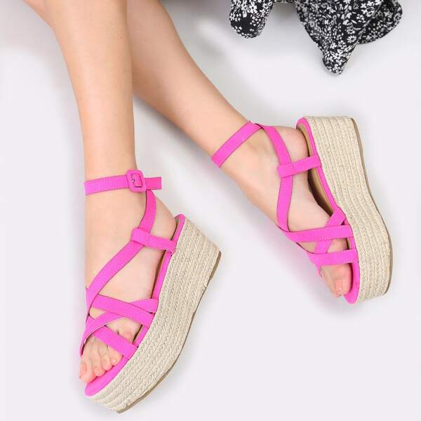 

Multi Strap Ankle Wrap Flatform Wedge Sandals, Hot pink
